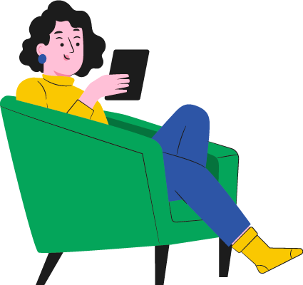 Illustration Schlafberatung, Stressfreie Beratung, Frau auf Sessel mit Tablet in der Hand